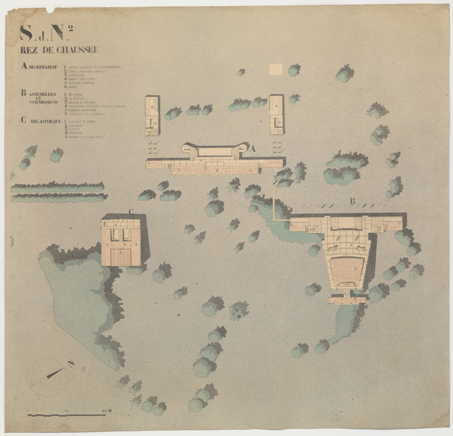 Le Corbusier (Charles-Édouard Jeanneret), Pierre Jeanneret. Palace of the League of Nations, project, Geneva, Switzerland, Ground floor and site plan, second scheme. 1929