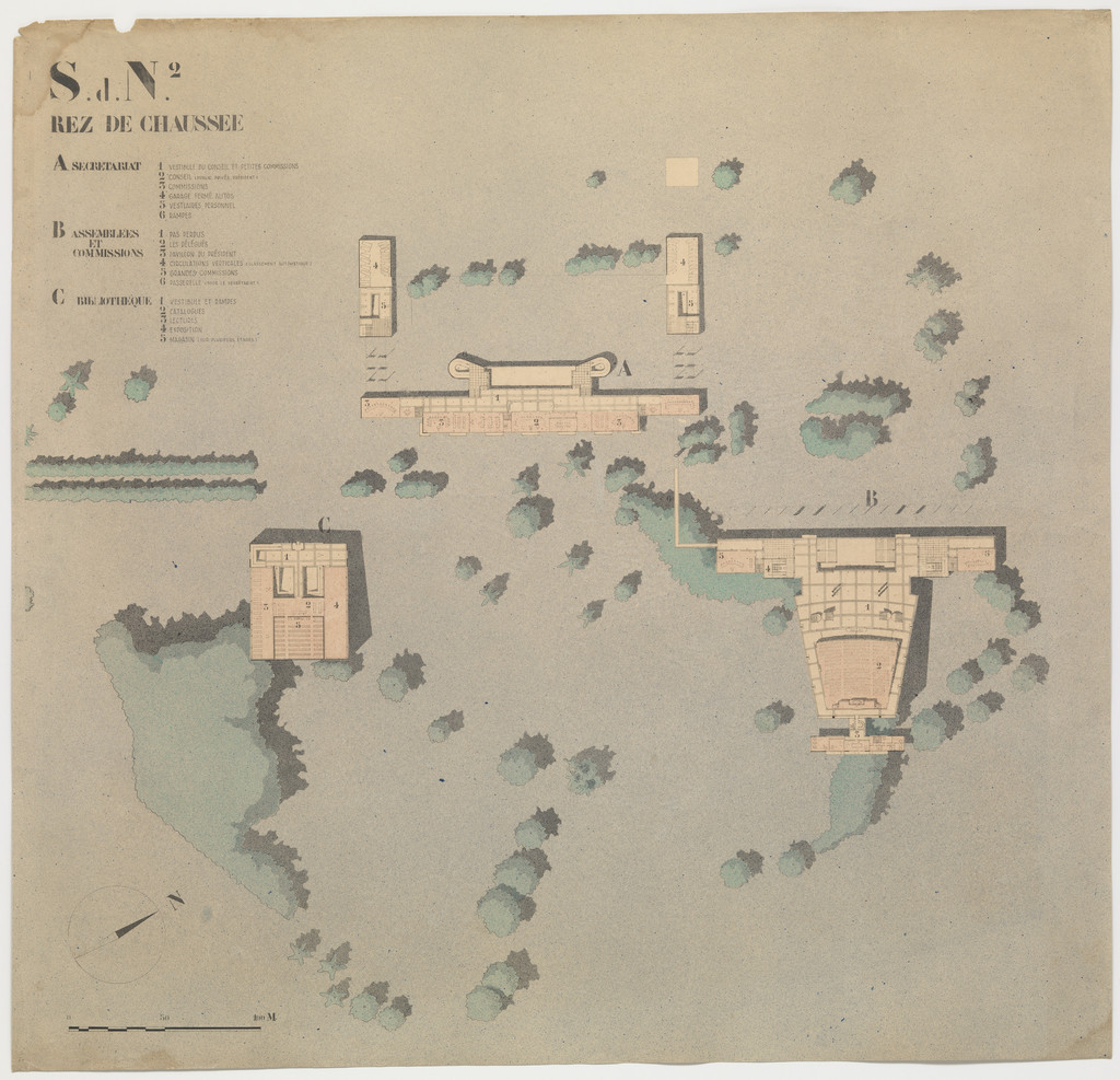 Palace of the League of Nations, project, Geneva, Switzerland, Ground floor and site plan, second scheme