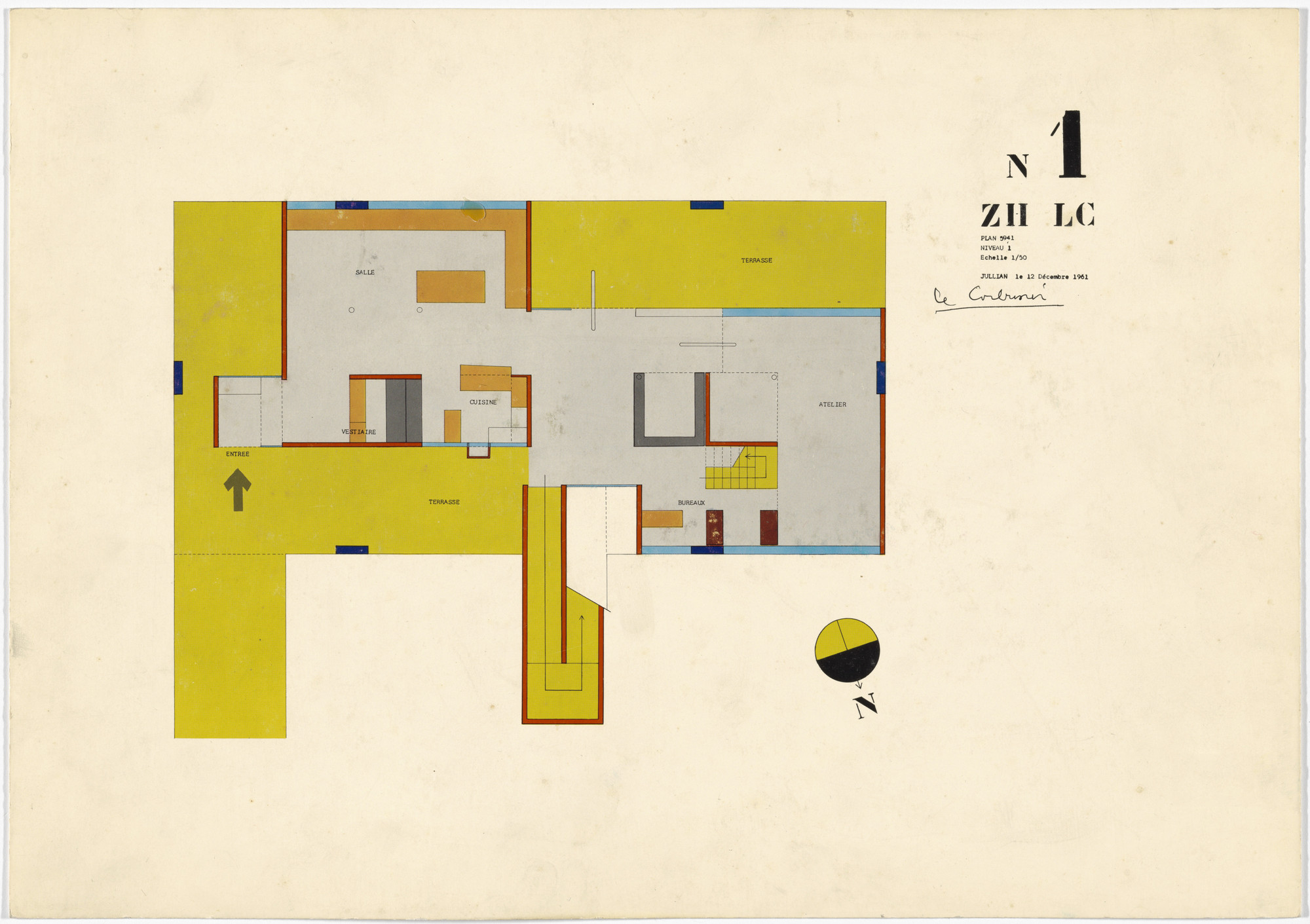 A floor plan with a light yellow background and light gray rooms labeled &#34;Salle,&#34; &#34;Cuisine,&#34; &#34;Vestiaire,&#34; &#34;Bureau,&#34; &#34;Atelier,&#34; and &#34;Terrasse.&#34; The plan includes colored sections in yellow, orange, blue, and red, with an arrow indicating the entrance. This is an AI generated description. To give feedback, email ai@moma.org.
