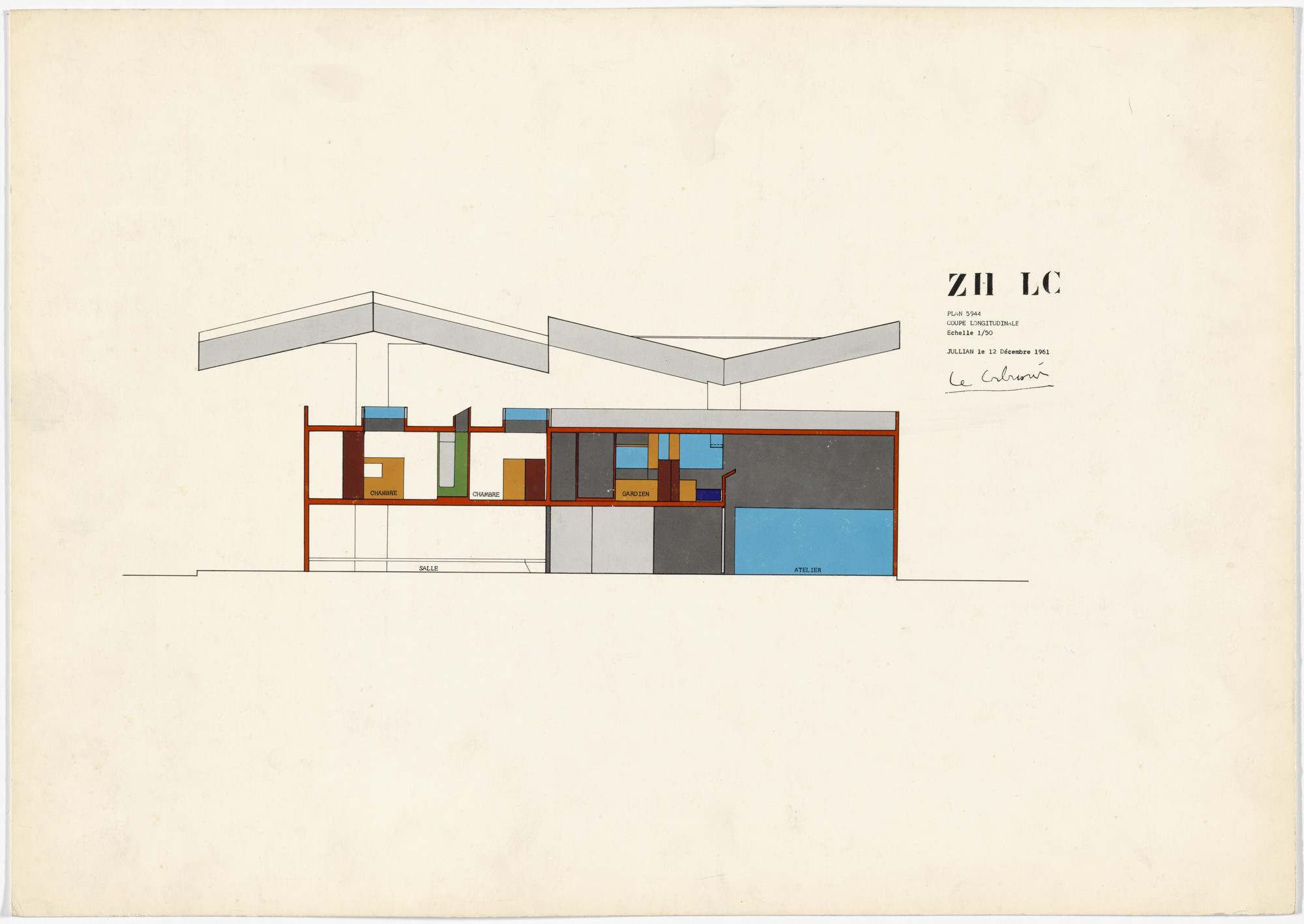 Le Corbusier (Charles-Édouard Jeanneret). Exhibition Pavilion, Z.H.L.C., Zurich, Switzerland (Longitudinal section). 1961