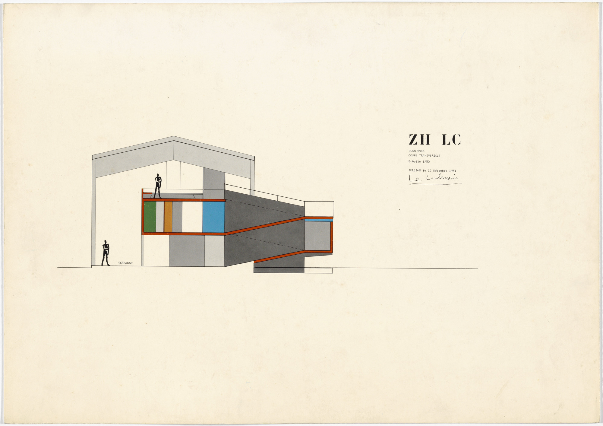 Le Corbusier (Charles-Édouard Jeanneret). Exhibition Pavilion, Z.H.L.C., Zurich, Switzerland (Cross section). 1961