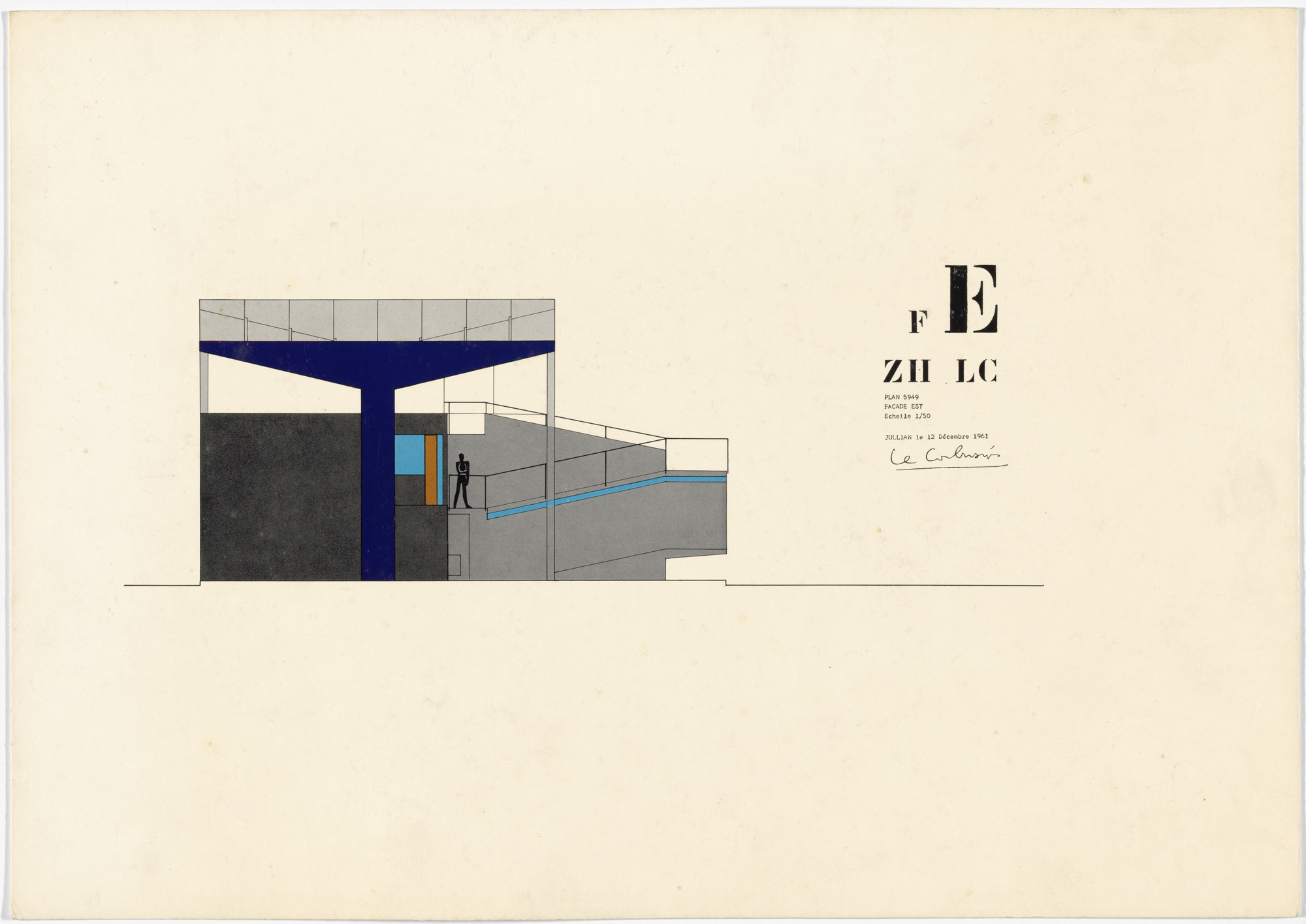 Le Corbusier (Charles-Édouard Jeanneret). Exhibition Pavilion, Z.H.L.C., Zurich, Switzerland (East façade). 1961