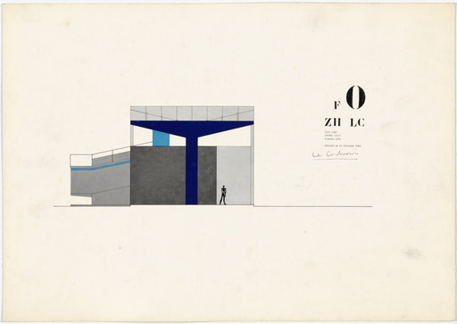 Le Corbusier (Charles-Édouard Jeanneret). Exhibition Pavilion, Z.H.L.C., Zurich, Switzerland (West façade). 1961