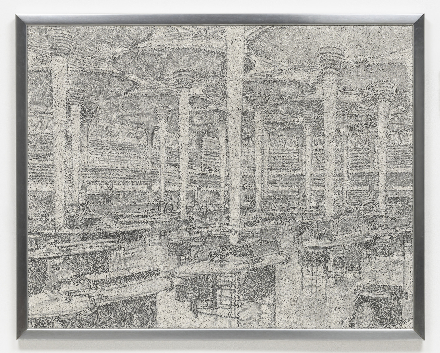 The image depicts a detailed monochromatic drawing featuring multiple vertical columns and horizontal lines, resembling an intricate, maze-like structure. The predominant colors are various shades of gray and white, creating a highly textured appearance. This is an AI generated description. To give feedback, email ai@moma.org.