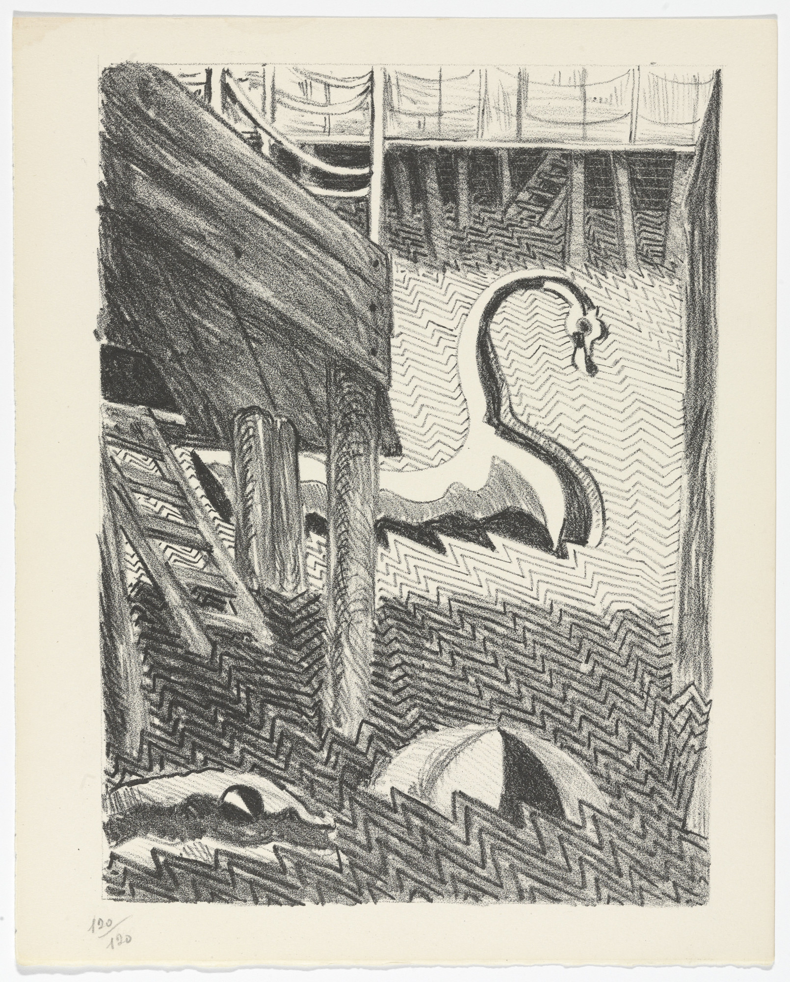 Giorgio de Chirico. Apparizione del Cigno (Apparition of the Swan) (plate, folio 13) from Mythologie