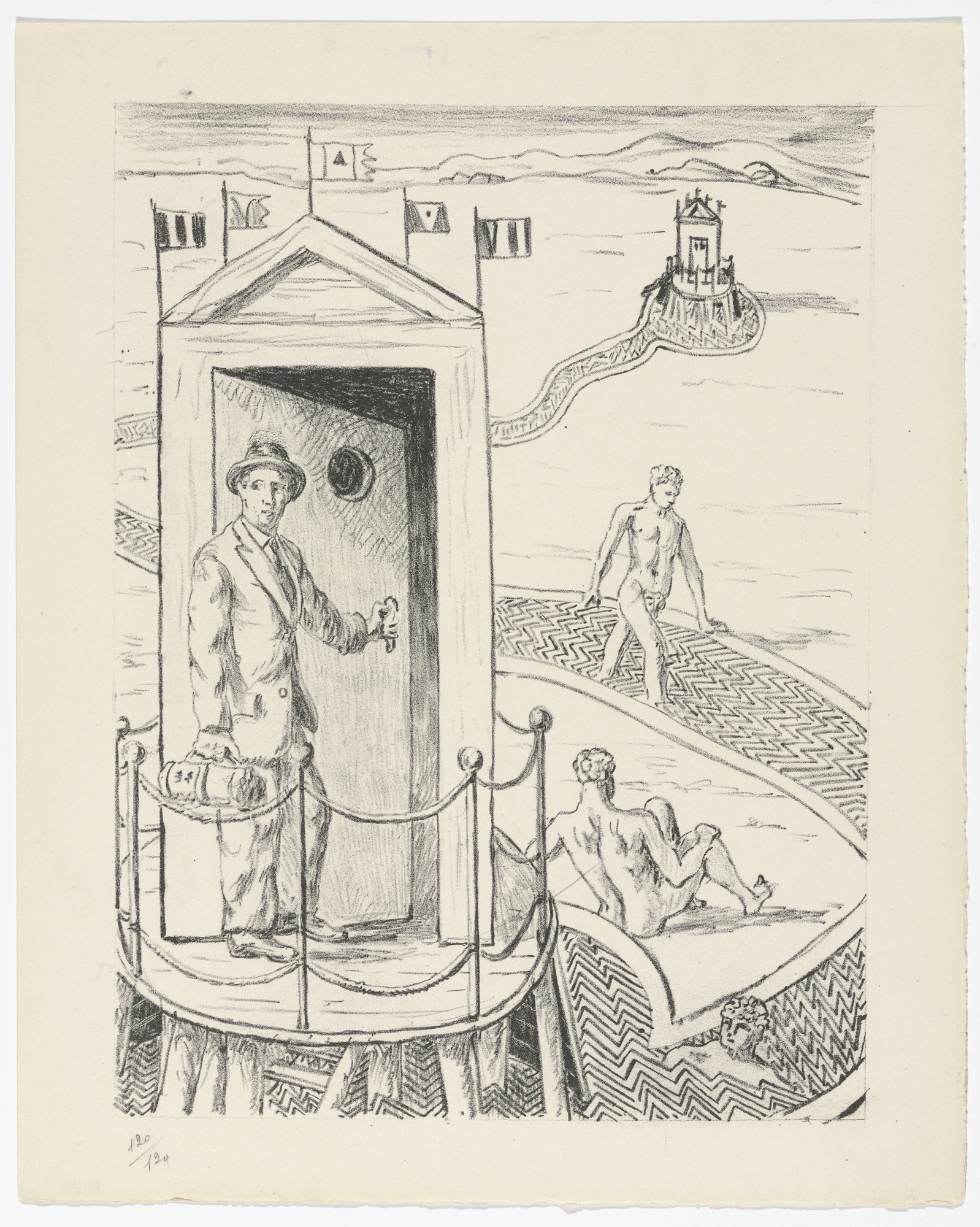 Giorgio de Chirico. L'Ospite Misterioso (The Mysterious Guest) (plate, folio 12) from Mythologie