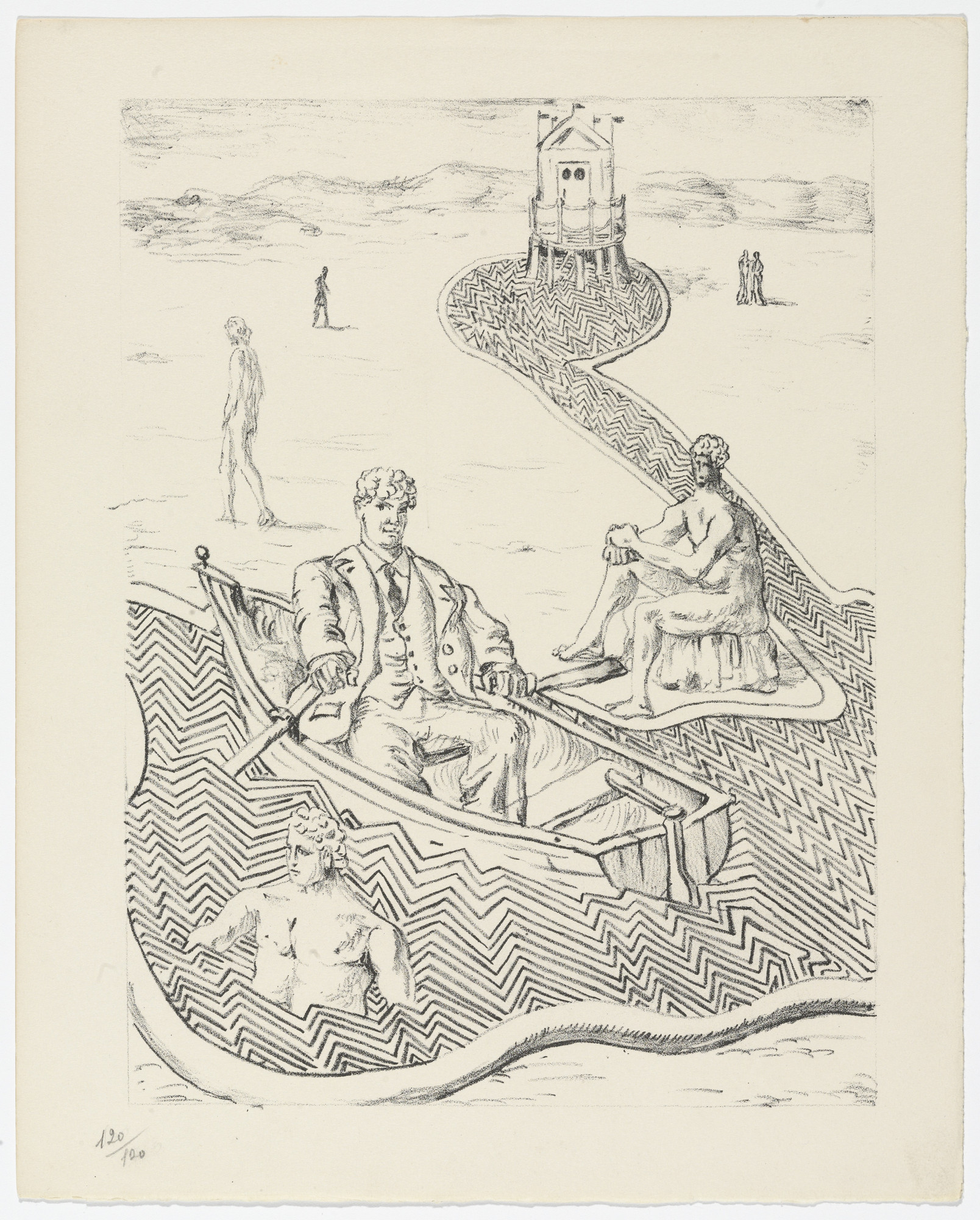 Giorgio de Chirico. La Fuga Inspiegabile (The Inexplicable Escape) (plate, folio 16) from Mythologie
