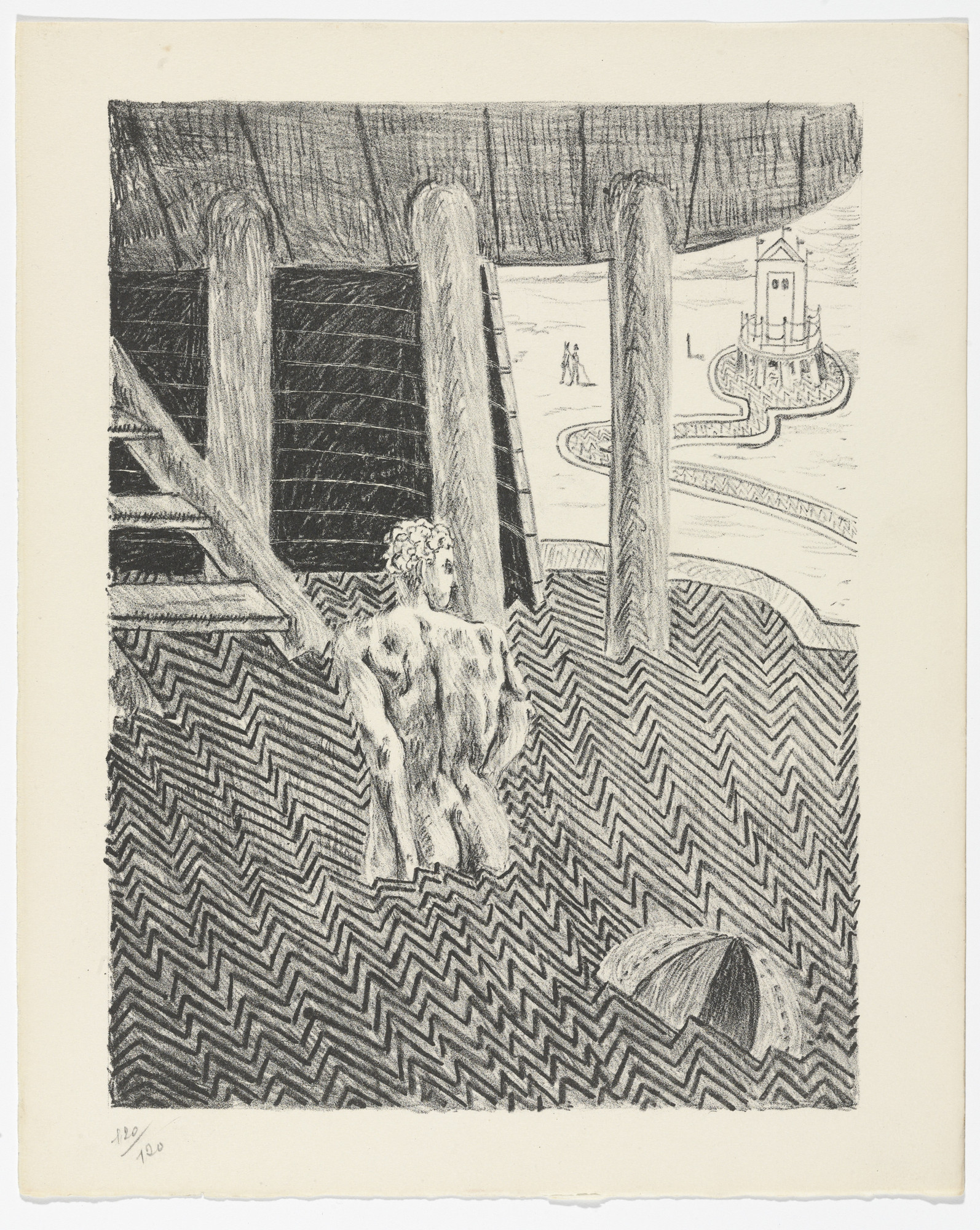Giorgio de Chirico. Sotto la Cabina Misteriosa (Under the Mysterious Cabin) (plate, folio 18) from Mythologie