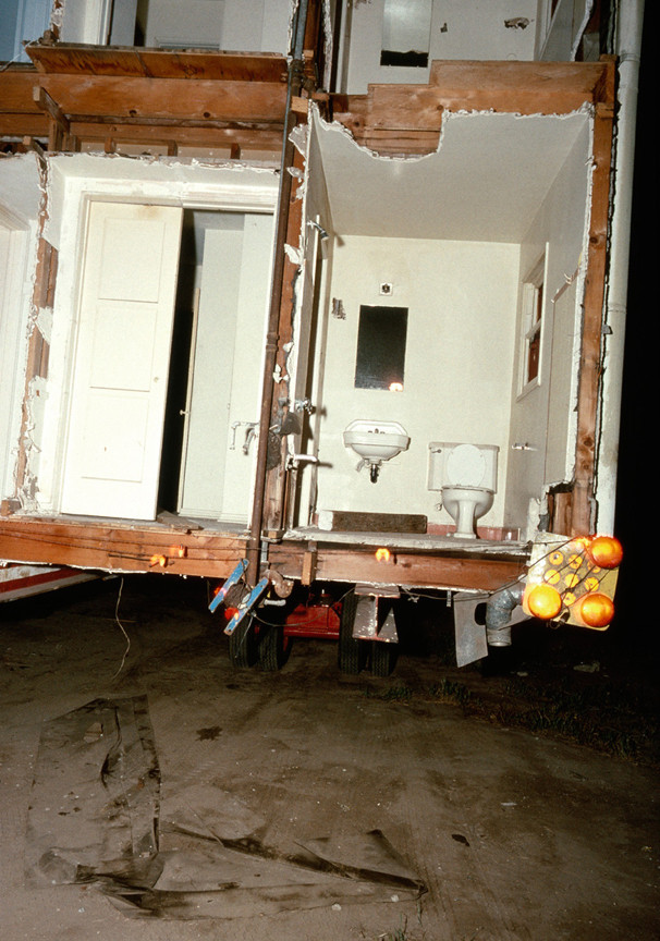 Allan Sekula. Shipyard-workers&#39; housing--built during the Second World War--being moved from San Pedro to South-Central Los Angeles from the series Fish Story. May 1990