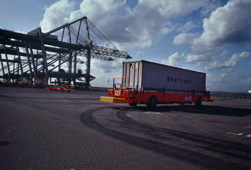 Allan Sekula. Testing robot-truck designed to move containers within automated ECT/Sea-Land cargo terminal. Maasvlakte, Port of Rotterdam, the Netherlands from the series Fish Story. September 1992