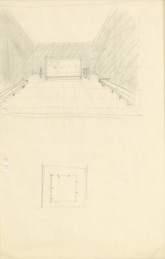Neue Wache War Memorial Project, Berlin-Mitte, Germany, Sketch interior perspective view and plan.