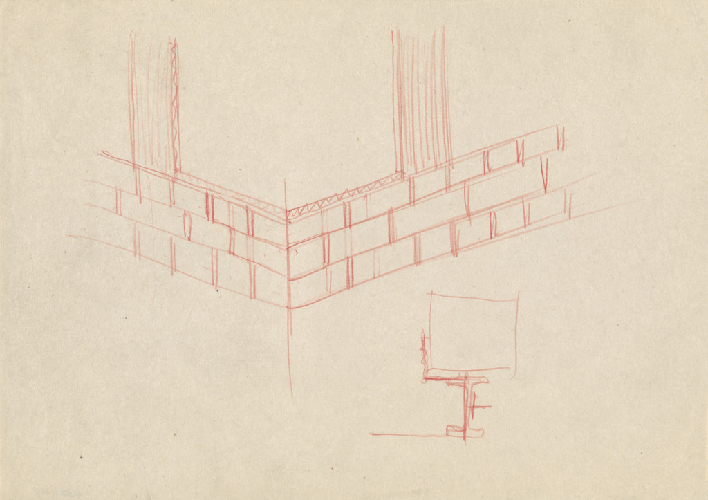 IIT Alumni Memorial Hall (Navy Building), Chicago, Illinois, Corner.  Perspective.  Structural detail.  Section