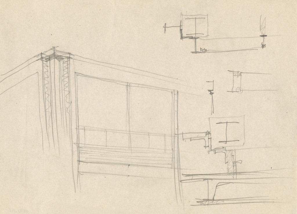 IIT Alumni Memorial Hall (Navy Building), Chicago, Illinois, Corner.  Perspective.  Structural details.  Sections