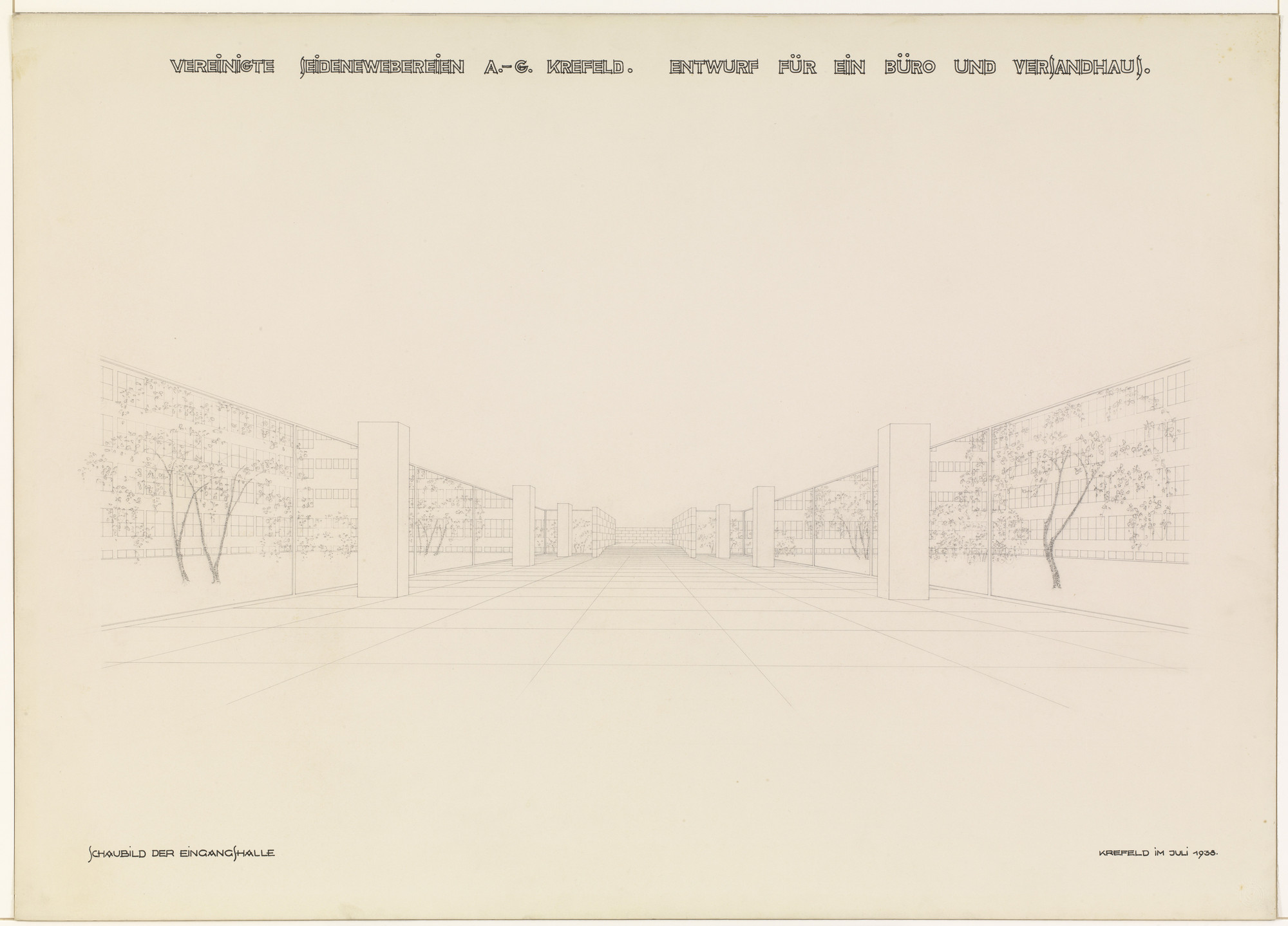 Ludwig Mies van der Rohe. Verseidag Administration Building, Krefeld, Germany, Interior perspective, looking northeast. 1937-1938