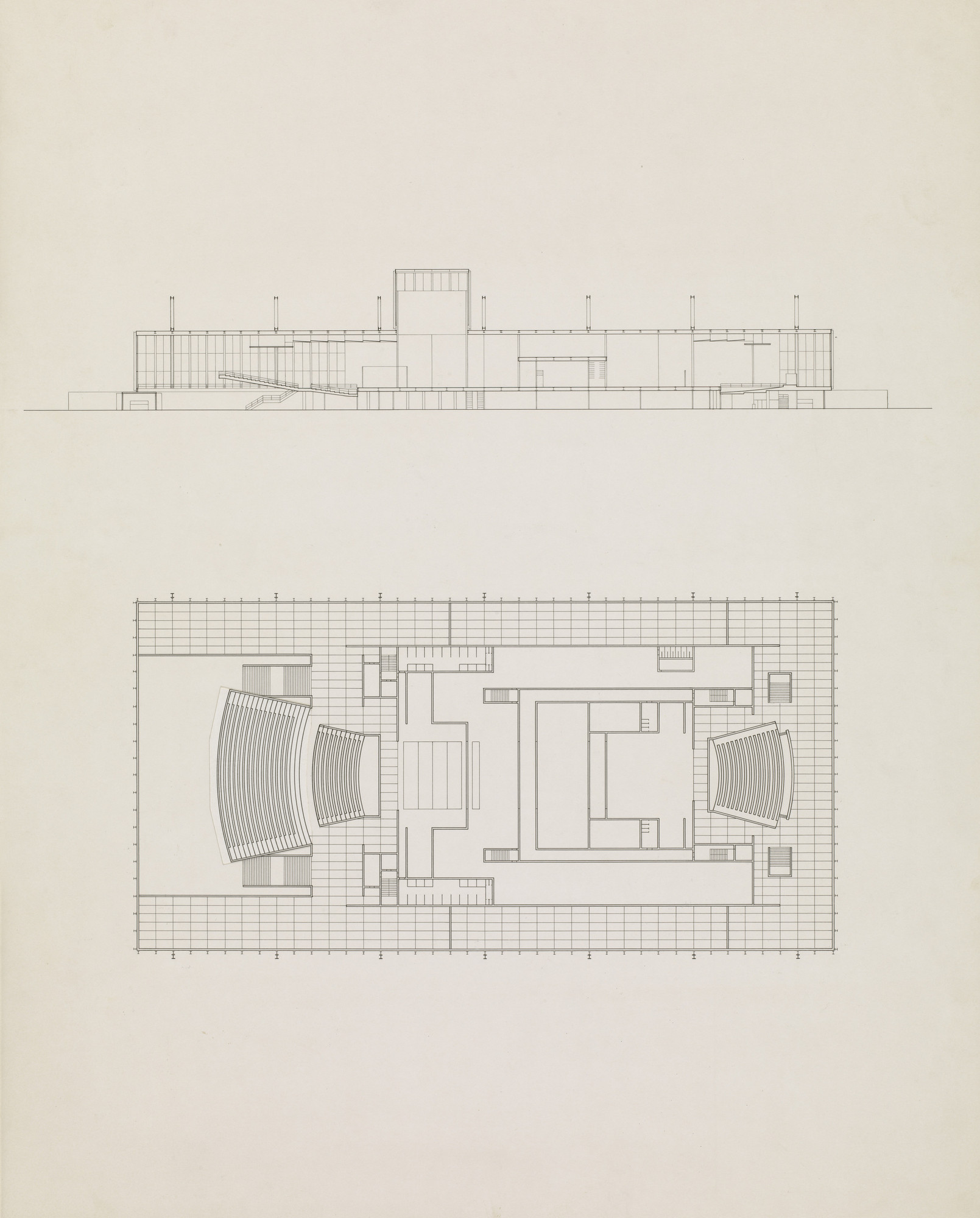 Ludwig Mies van der Rohe. National Theatre, Mannheim, Germany
Floor plan and longitudinal section
