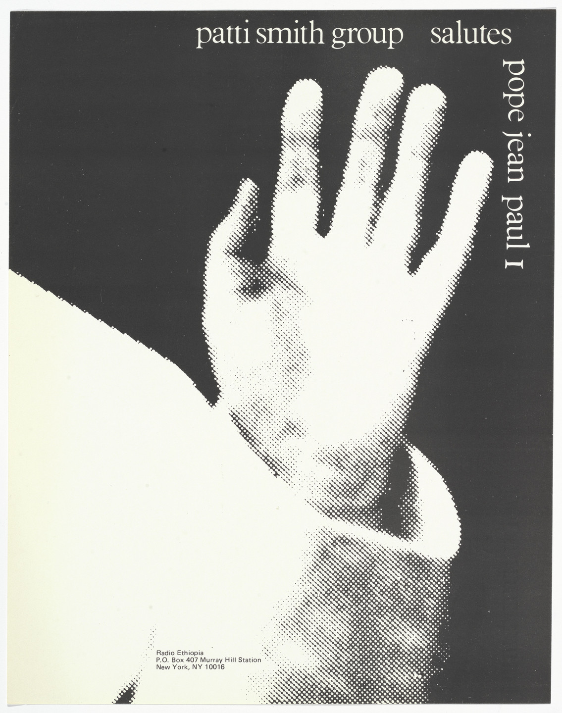 Unknown Designer. Patti Smith Group salutes Pope Jean Paul I. 1978-1979