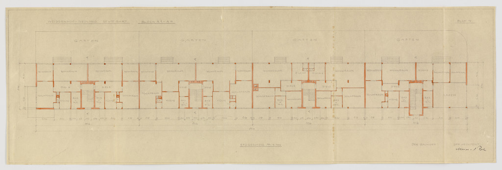 Weissenhof Apartment House, "The Dwelling" Exhibition, Stuttgart, Germany (Plan, block A1-A4, ground floor.)