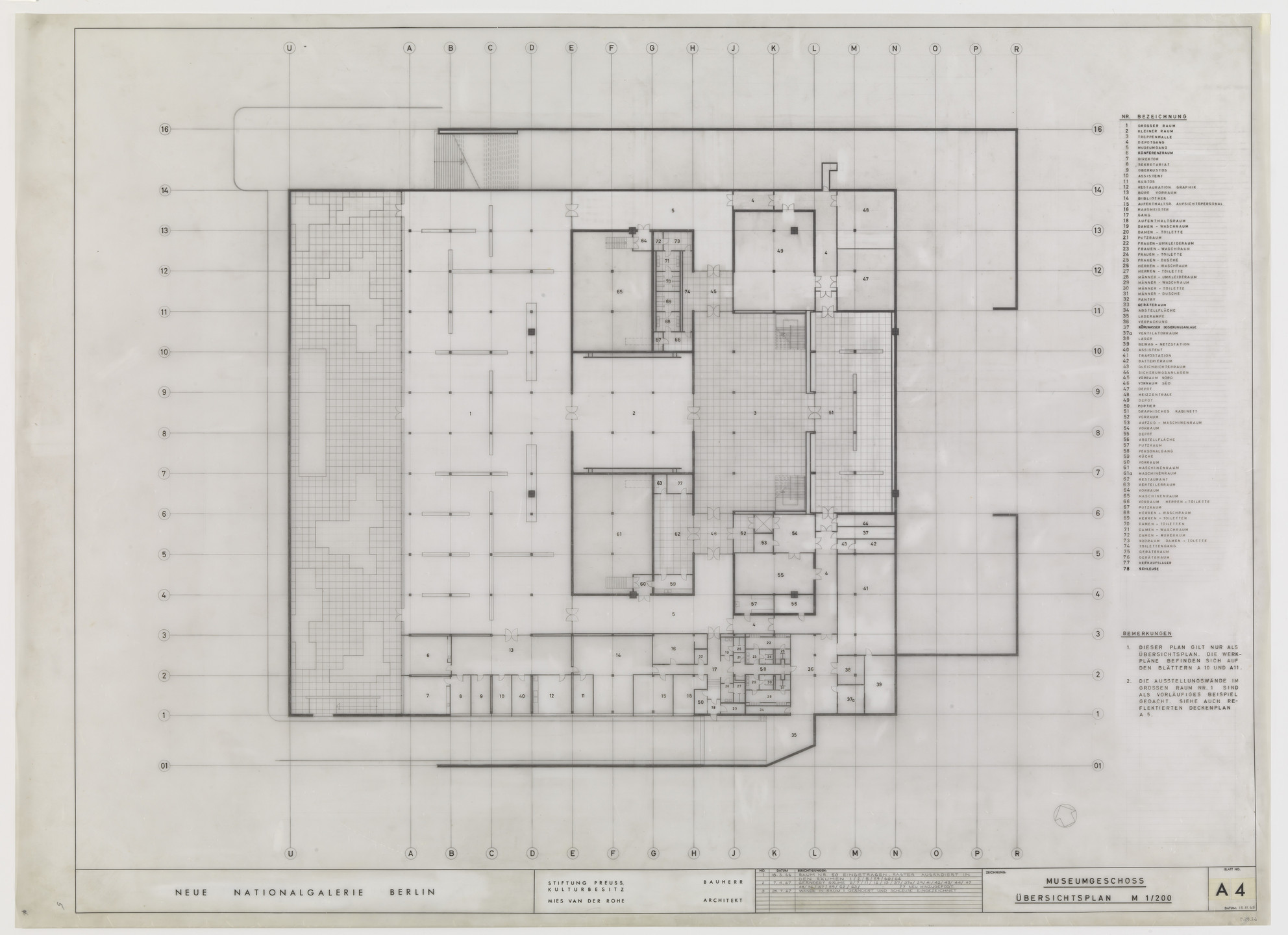 Ludwig Mies van der Rohe. New National Gallery, Berlin, Germany (Plan of museum floor). 1967