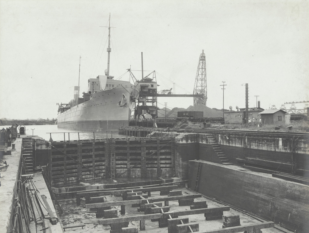 Cristobal Dry Dock. West end of Dry Dock. Showing entrance gate