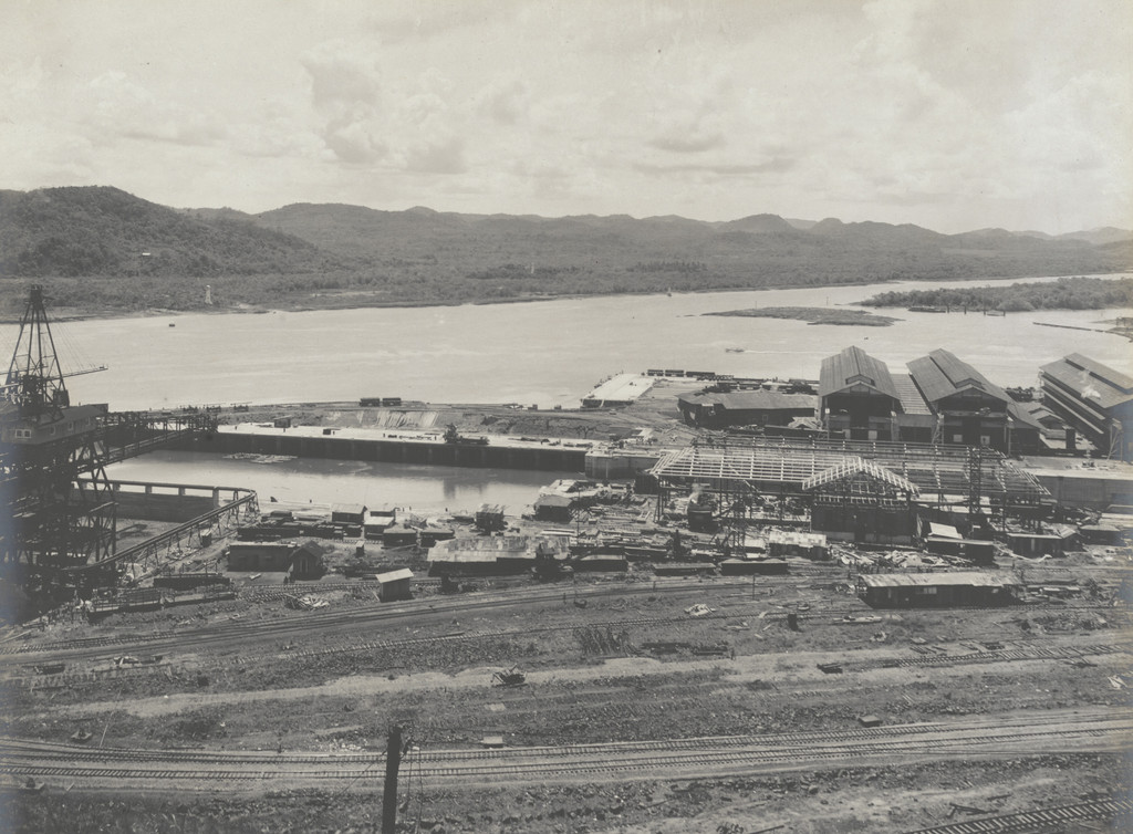Balboa Terminals. Looking from Sosa Hill, showing entrance basin to Dry Dock #1. The Canal in the distance