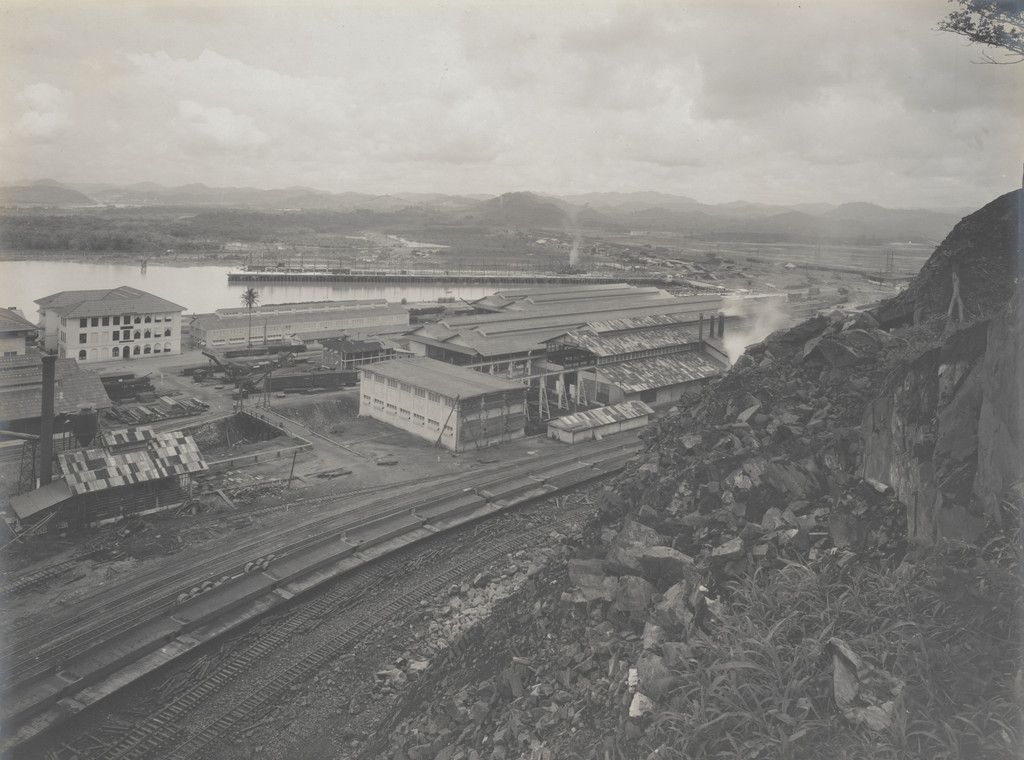 Balboa Terminals. East end of shop buildings and Pier #18, from Sosa Hill