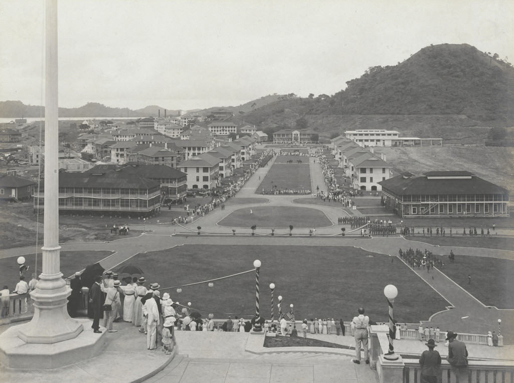 Patriotic excercises at Balboa, C.Z. View looking west from Administration Building