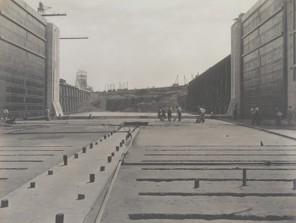 Balboa Terminals. Gates to Entrance to dry Dock #1 before Flooding. Dike in the distance