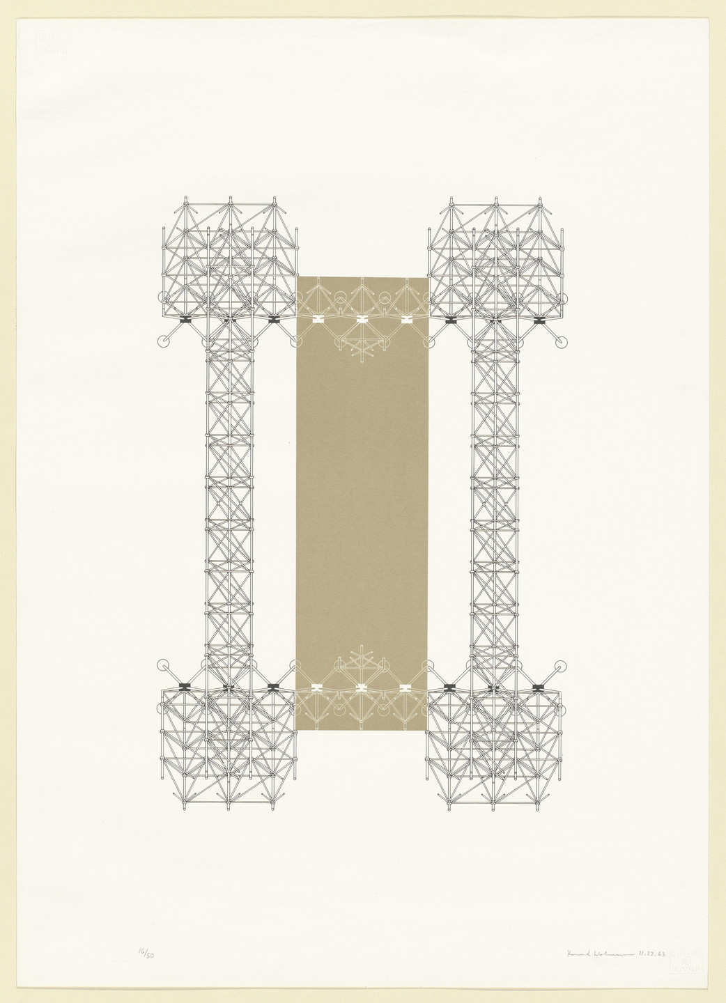 The image features a beige vertical rectangle in the center with primarily gray, lattice-like structures extending from the top and bottom of the rectangle. The background is white. This is an AI generated description. To give feedback, email ai@moma.org.