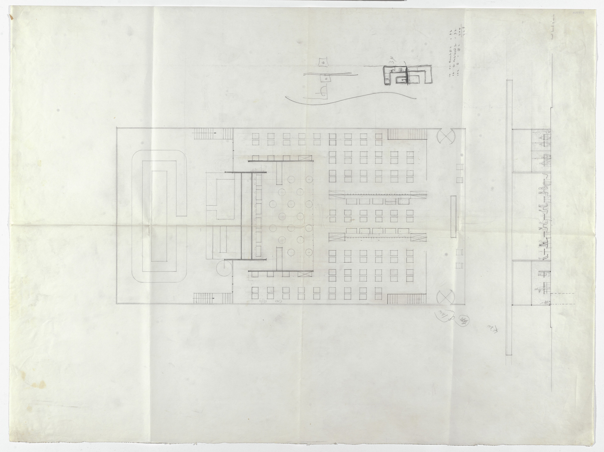 Ludwig Mies van der Rohe. Cantor Drive-in Restaurant, Indianapolis, IN  (Floor plan and elevation with seating layout). c. 1945-50 | MoMA