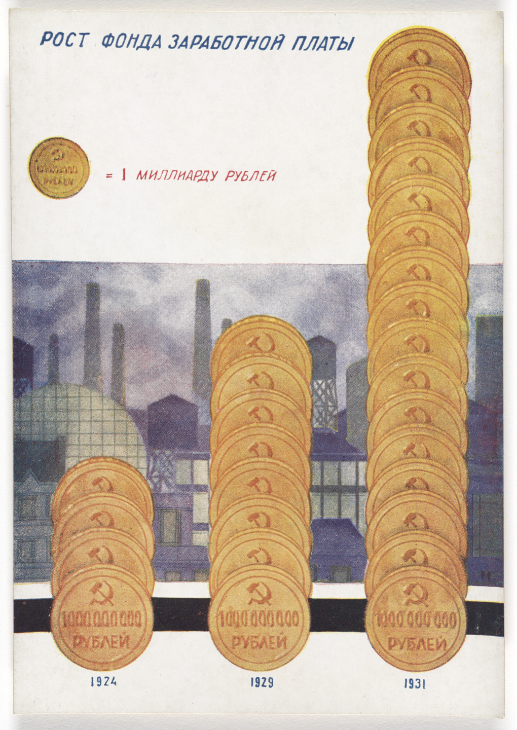 Unknown Artists. Dognat' i peregnat' v tekhniko-ekonomicheskom otnoshenii peredovye kapitalisticheskie strany v 10 let. 70 kartinnye diagrammna otkrytkakh (To Catch up with and Surpass the Leading Capitalist Countries in Technical and Economic Affairs in 10 Years. 70 Pictorial Diagrams on Postcards). 1931