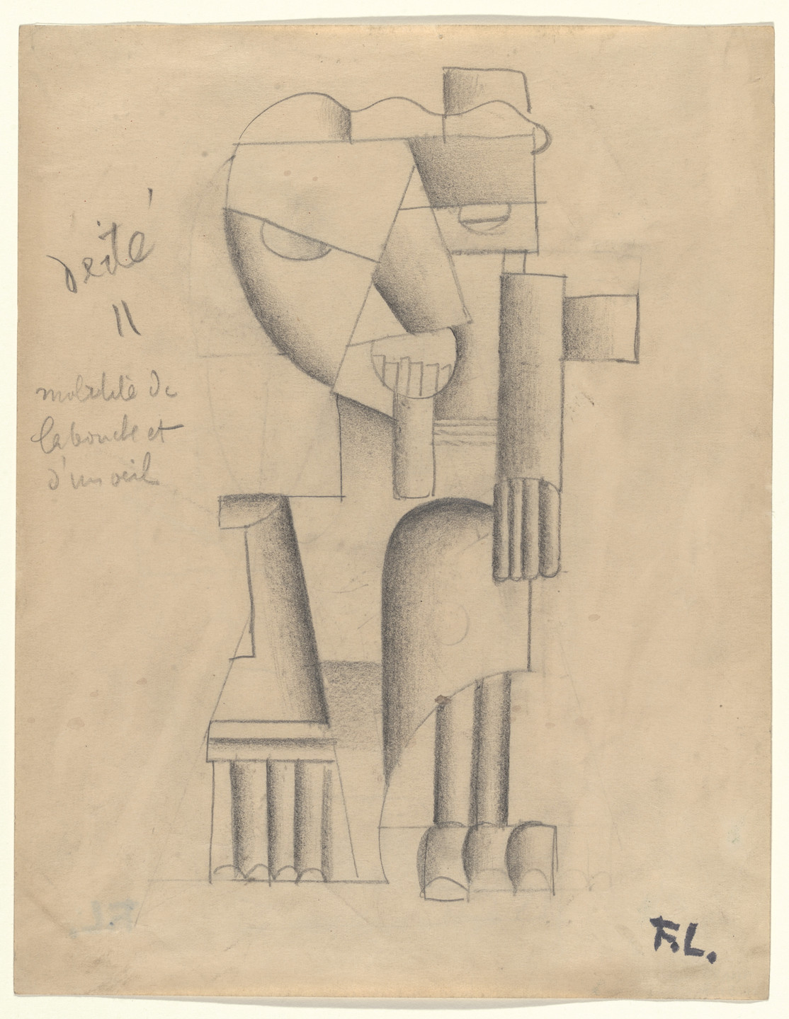A drawing with geometric shapes resembling a face and a seated figure, sketched in shades of gray on beige paper. Handwritten text is present on the left side of the drawing. This is an AI generated description. To give feedback, email ai@moma.org.