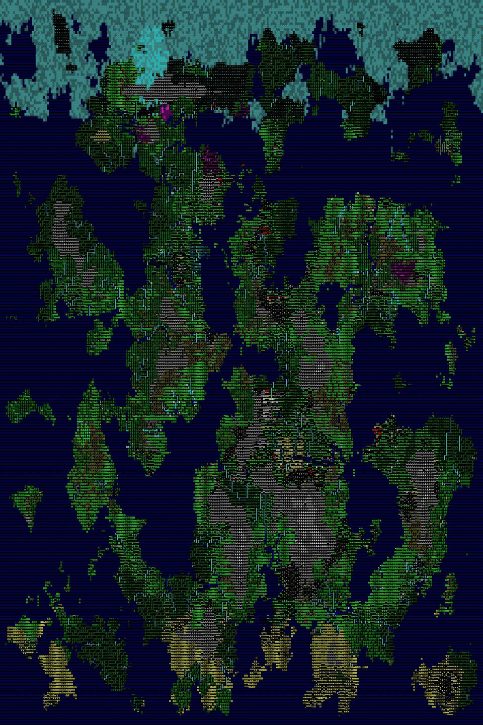 A pixelated world map predominantly features green landmasses with areas of yellow and grey, surrounded by dark blue water. The top portion has a light blue pattern resembling clouds. This is an AI generated description. To give feedback, email ai@moma.org.
