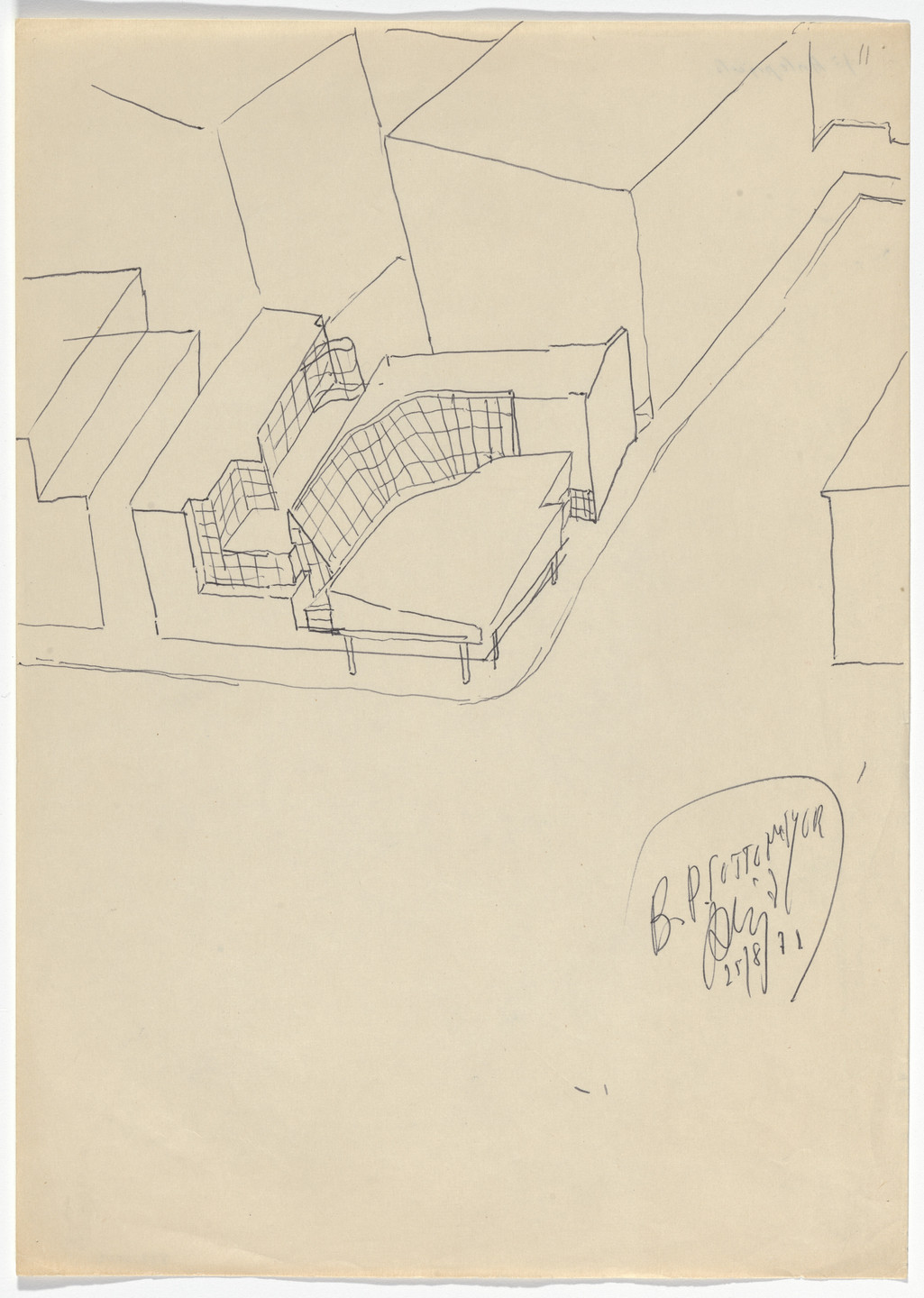 Álvaro Siza. Banco Pinto &amp; Sotto Mayor, Oliveira de Azeméis, Portugal, Perspective sketch. 1971-1974