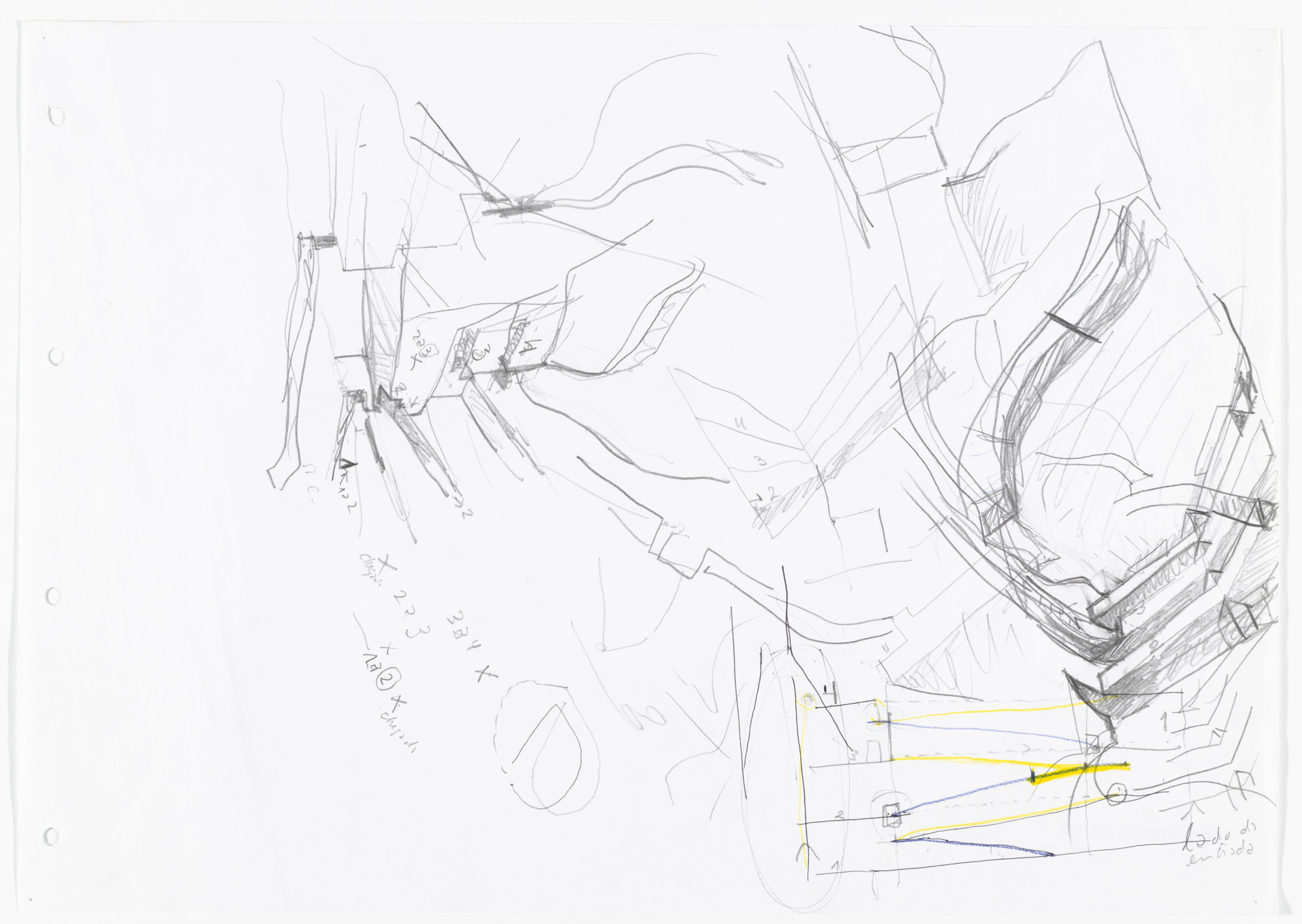 Álvaro Siza. Iberê Camargo Museum, Porto Alegre, Brazil (Section, perspective and elevation sketches). 1998–2008