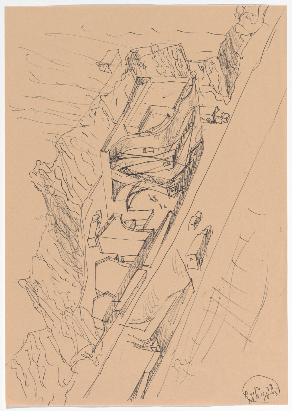 Álvaro Siza. Iberê Camargo Museum, Porto Alegre, Brazil (Aerial perspective sketch). 1998–2008