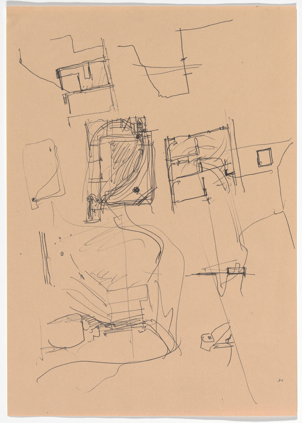Álvaro Siza. Iberê Camargo Museum, Porto Alegre, Brazil (Plan, perspective and section sketches). 1998-2008