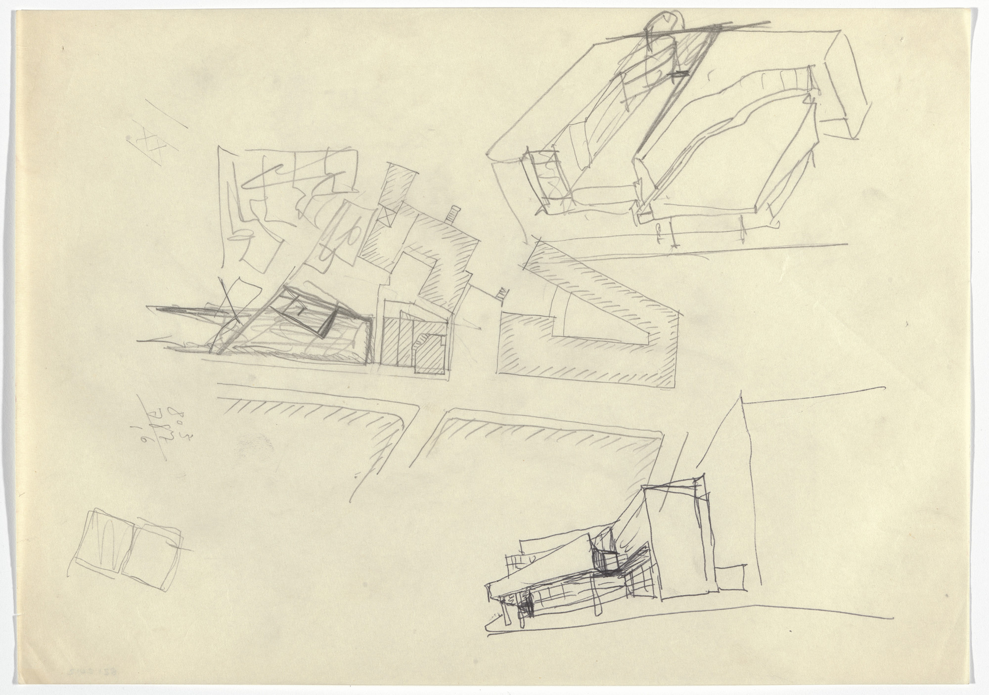 Álvaro Siza. Banco Pinto &amp; Sotto Mayor, Oliveira de Azeméis, Portugal (Plan and perspective sketches). 1971-1974