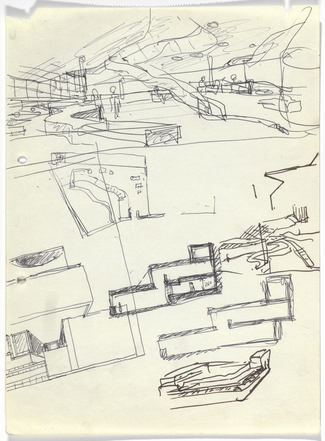 Álvaro Siza. Banco Pinto &amp; Sotto Mayor, Oliveira de Azeméis, Portugal (Elevation and perspective sketches). 1971-1974