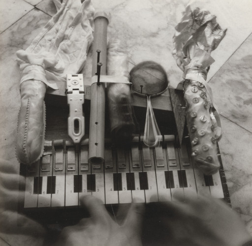 George Maciunas. Nam June Paik's prepared toy piano at his Exposition of Music – Electronic Television, Galerie Parnass, Wuppertal, March 11-20, 1963. 1963