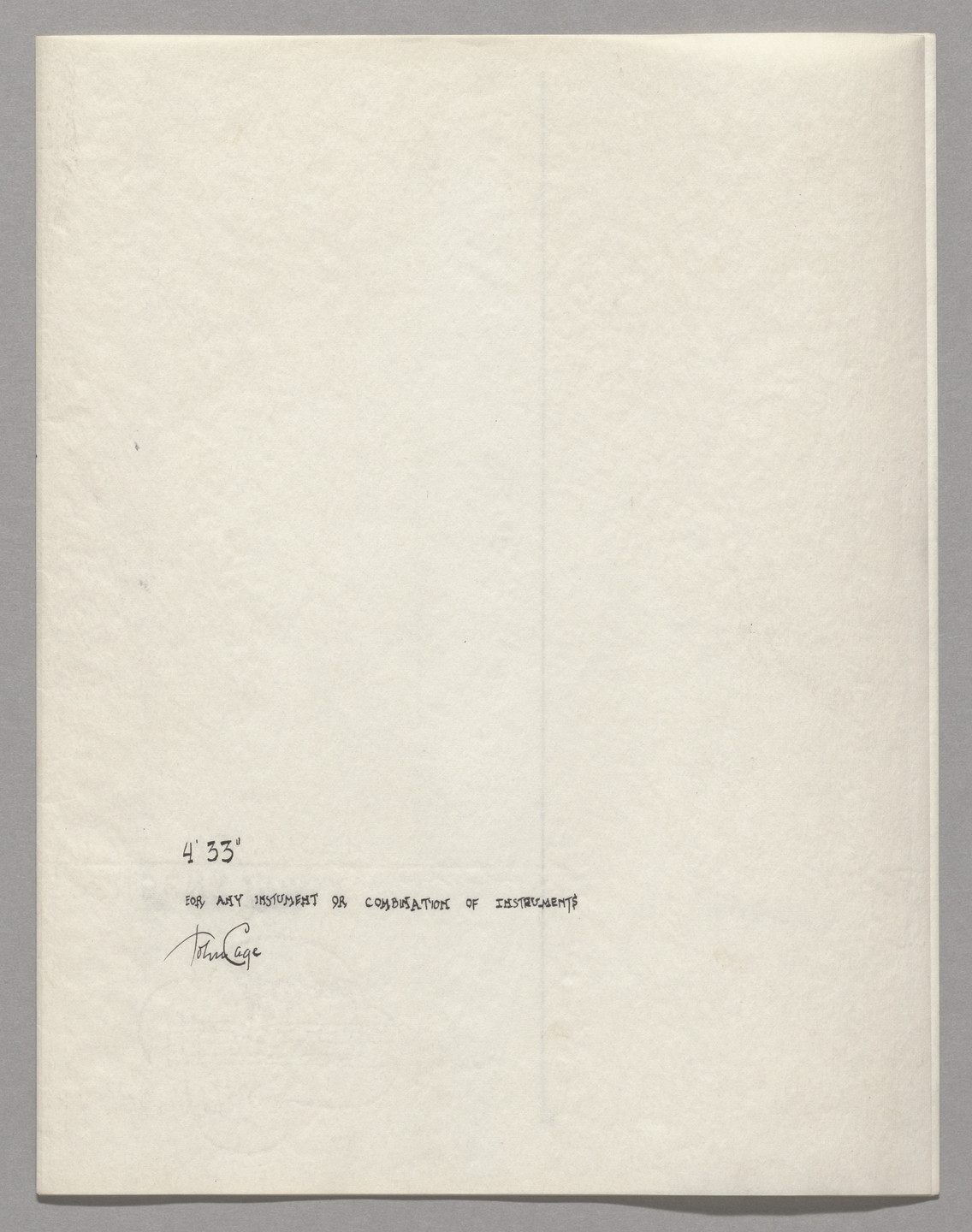 A beige sheet of paper with text at the bottom reads "4'33" for any instrument or combination of instruments." A signature is below the text. This is an AI generated description. To give feedback, email ai@moma.org.