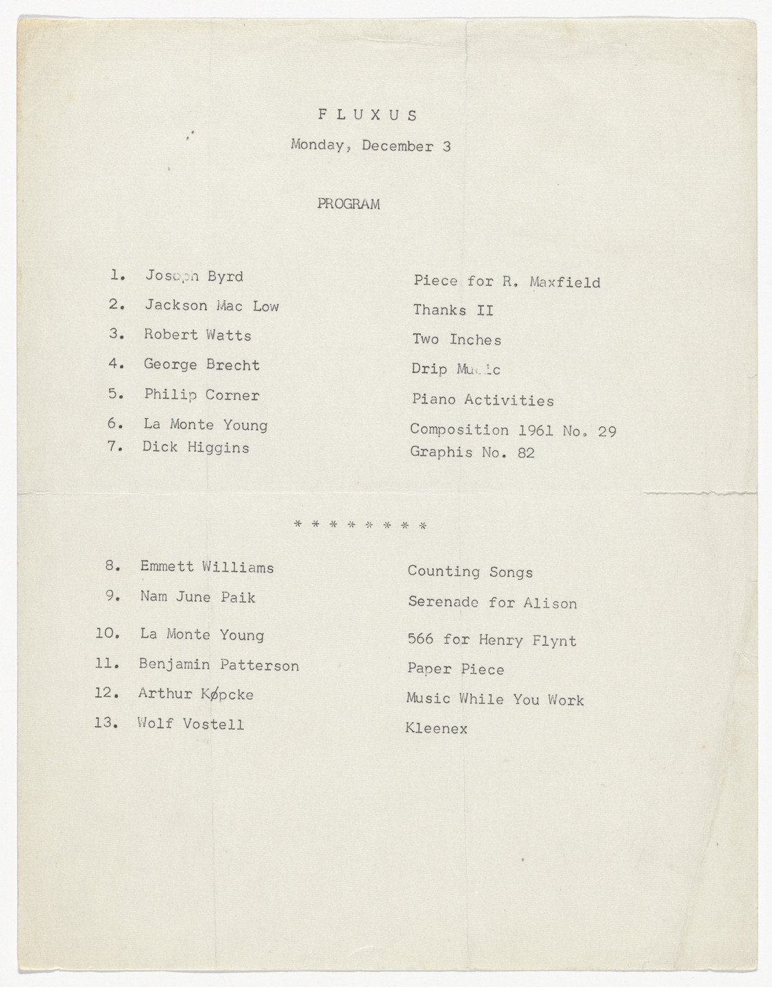 Designer Unidentified. Program for Festum Fluxorum, Poésie, Musique et Antimusique Evènementielle et Concrète, American Students &amp; Artists Center, Paris, December 3, 1962. 1962