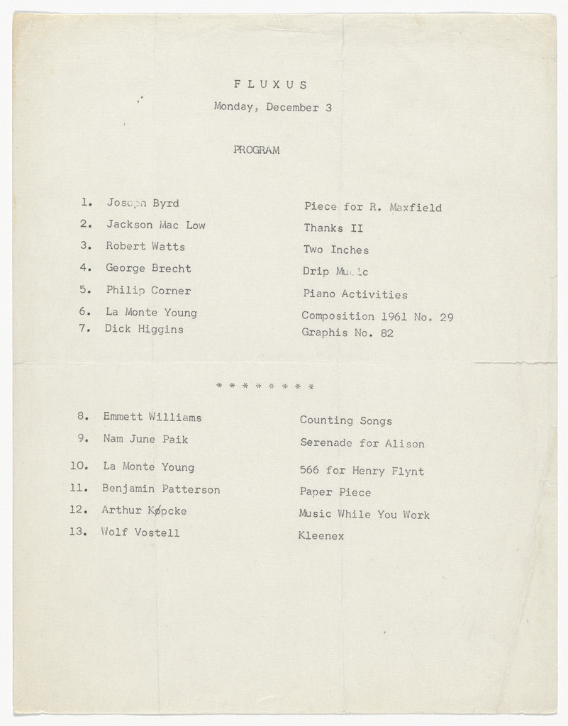 Program for Festum Fluxorum, Poésie, Musique et Antimusique Evènementielle et Concrète, American Students & Artists Center, Paris, December 3, 1962