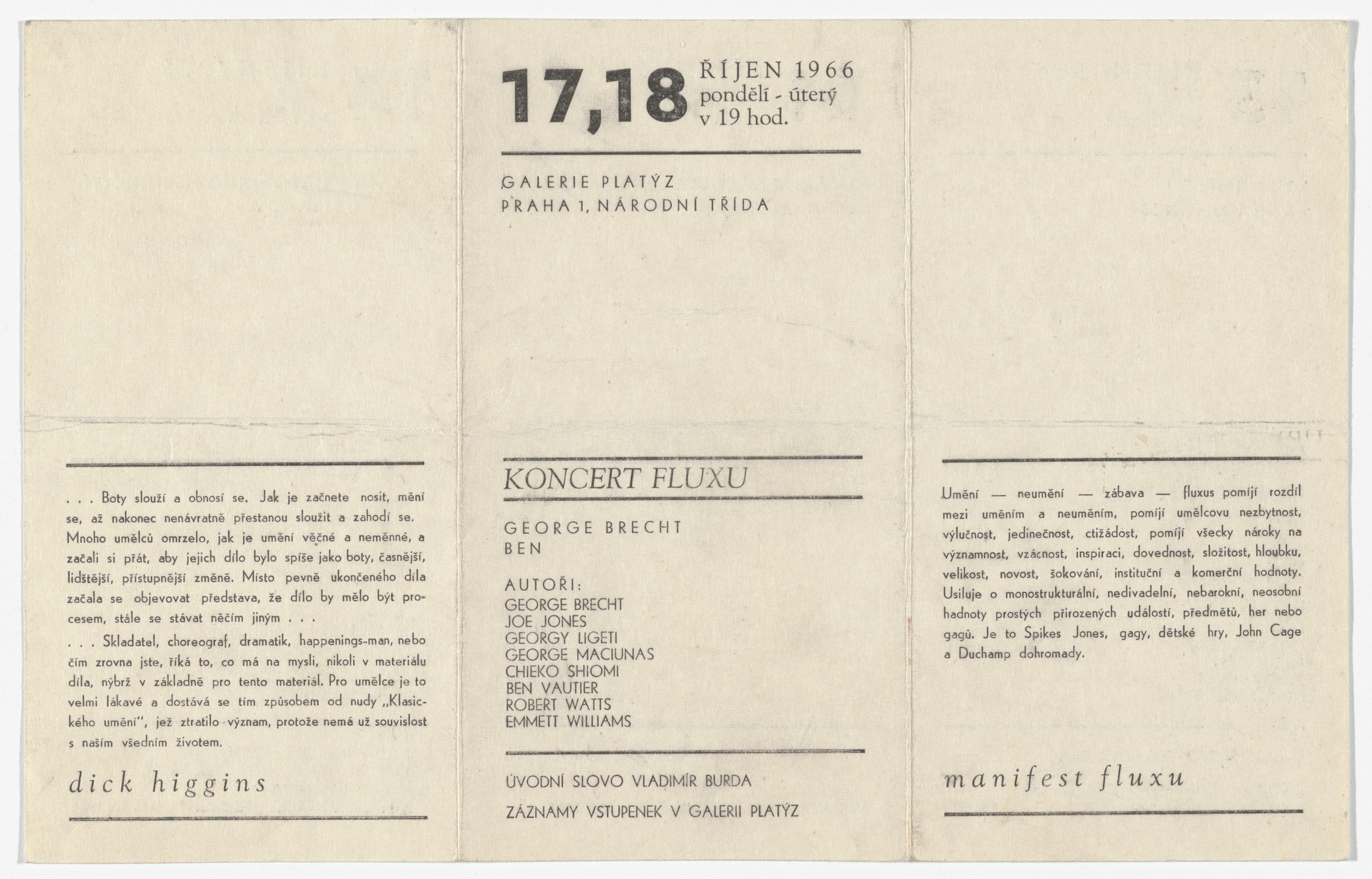 Designer Unidentified. Announcement for Koncert Fluxu, Galerie Platyz, Prague, Czechoslovakia, October 13, 14, 17, and 18, 1966. 1966