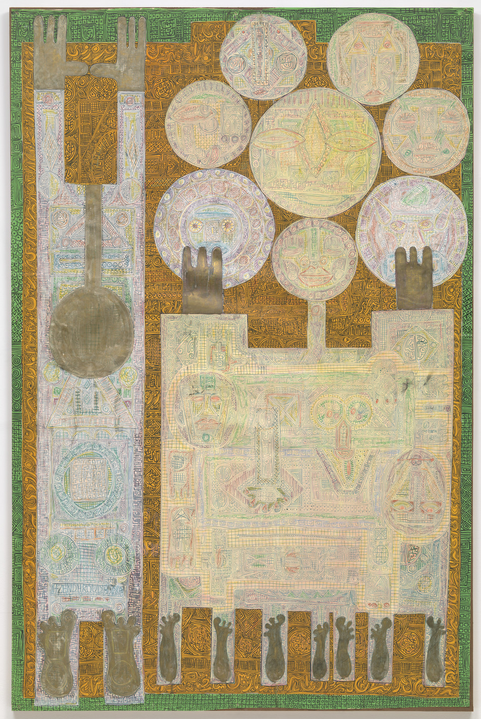 The image features intricate patterns and shapes in shades of green, orange, and pastels. It includes vertical rectangular forms with raised hands and several circular elements. This is an AI generated description. To give feedback, email ai@moma.org.
