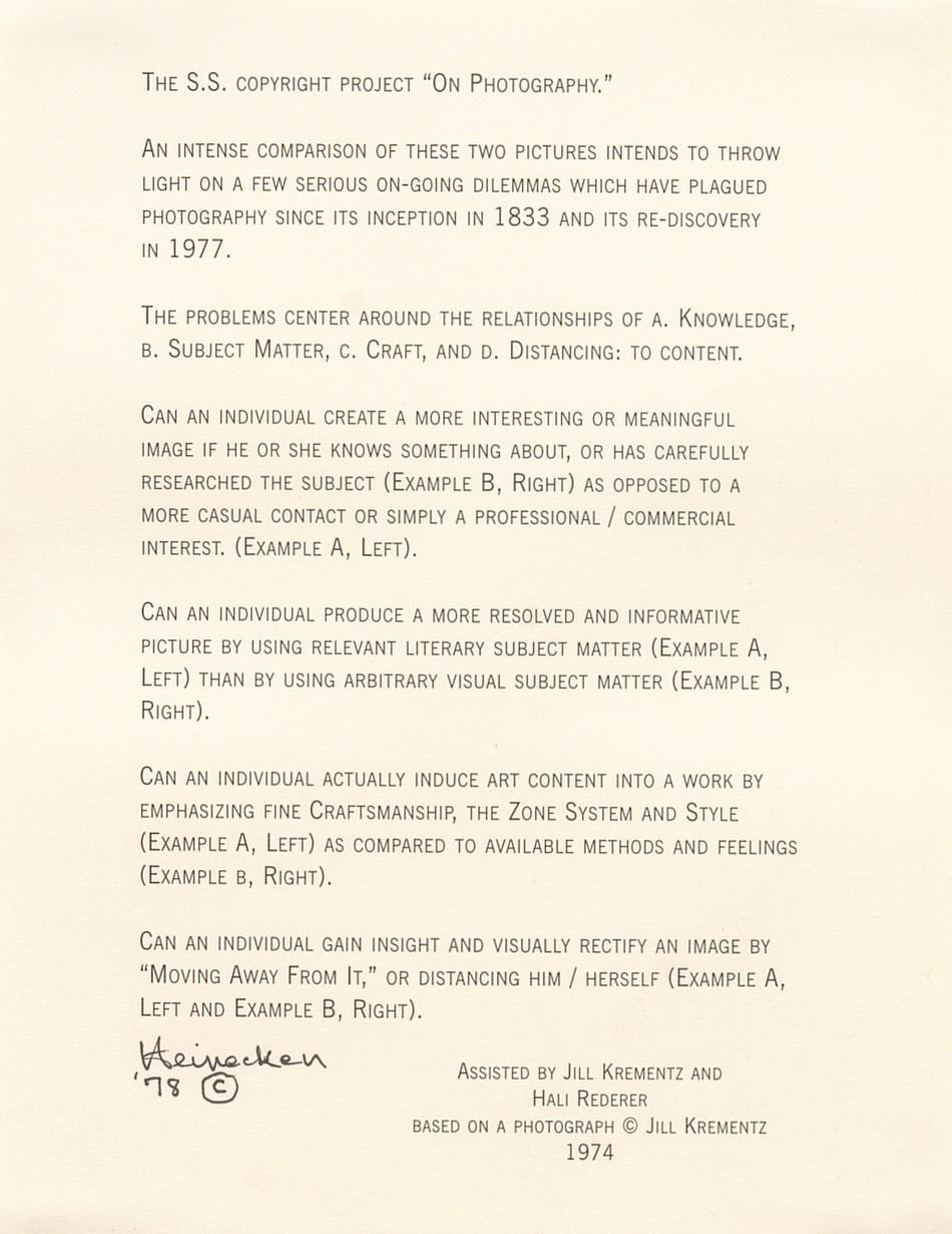 Robert Heinecken. The S.S. Copyright Project : &#34;On Photography&#34;. 1978