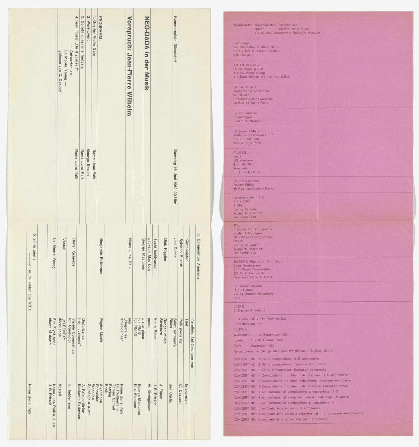 Designer Unidentified. Program for Neo-Dada in der Musik, Kammerspiele, Düsseldorf, June 16, 1962. 1962