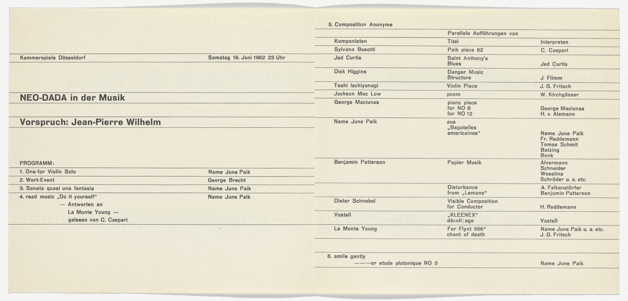 Designer Unidentified. Program for Neo-Dada in der Musik, Kammerspiele, Düsseldorf, June 16, 1962. 1962