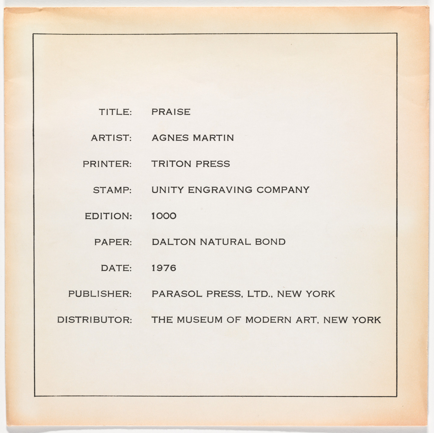 Various Artists, Joe Zucker, Tom Wesselmann, Don Nice, Agnes Martin, Sylvia Plimack Mangold, Robert Mangold, Sol LeWitt, Chuck Close, Daniel Buren, Richard Artschwager, Myron Stout, Barry Le Va, Carl Andre. Rubber Stamp Portfolio. 1976–77, published 1977