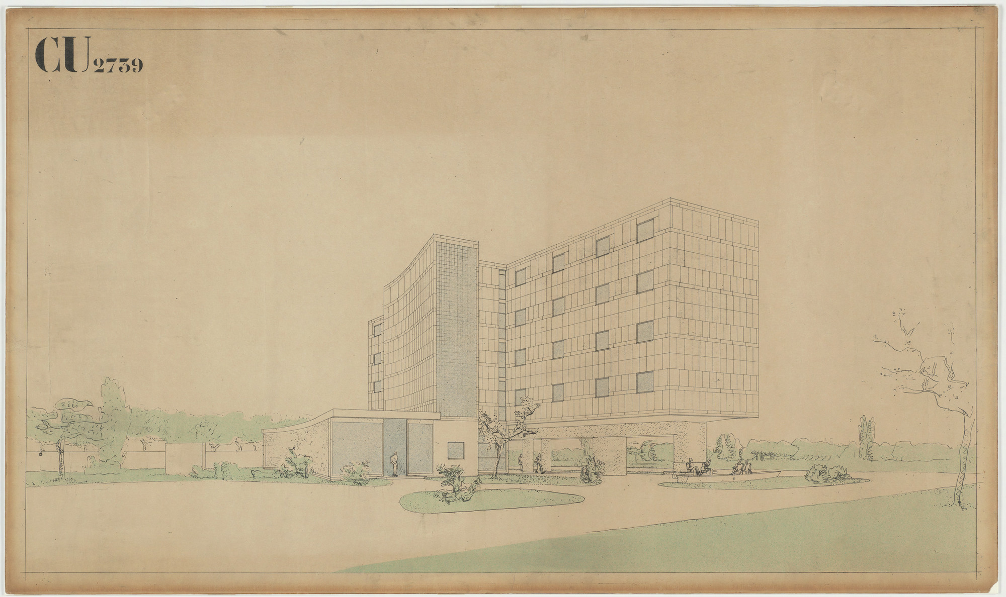 A light sketch depicts a multi-story rectangular building with a grid pattern of windows, set against a beige background. Green trees and small plants are scattered around the building. This is an AI generated description. To give feedback, email ai@moma.org.