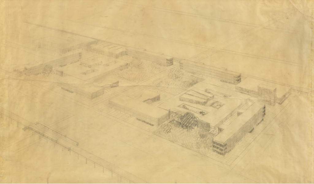 IIT Master Plan, Chicago, Illinois, Aerial perspective.  Early scheme